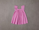 Above knee pink cotton birthday dress with embroidery and ruffle sleeves