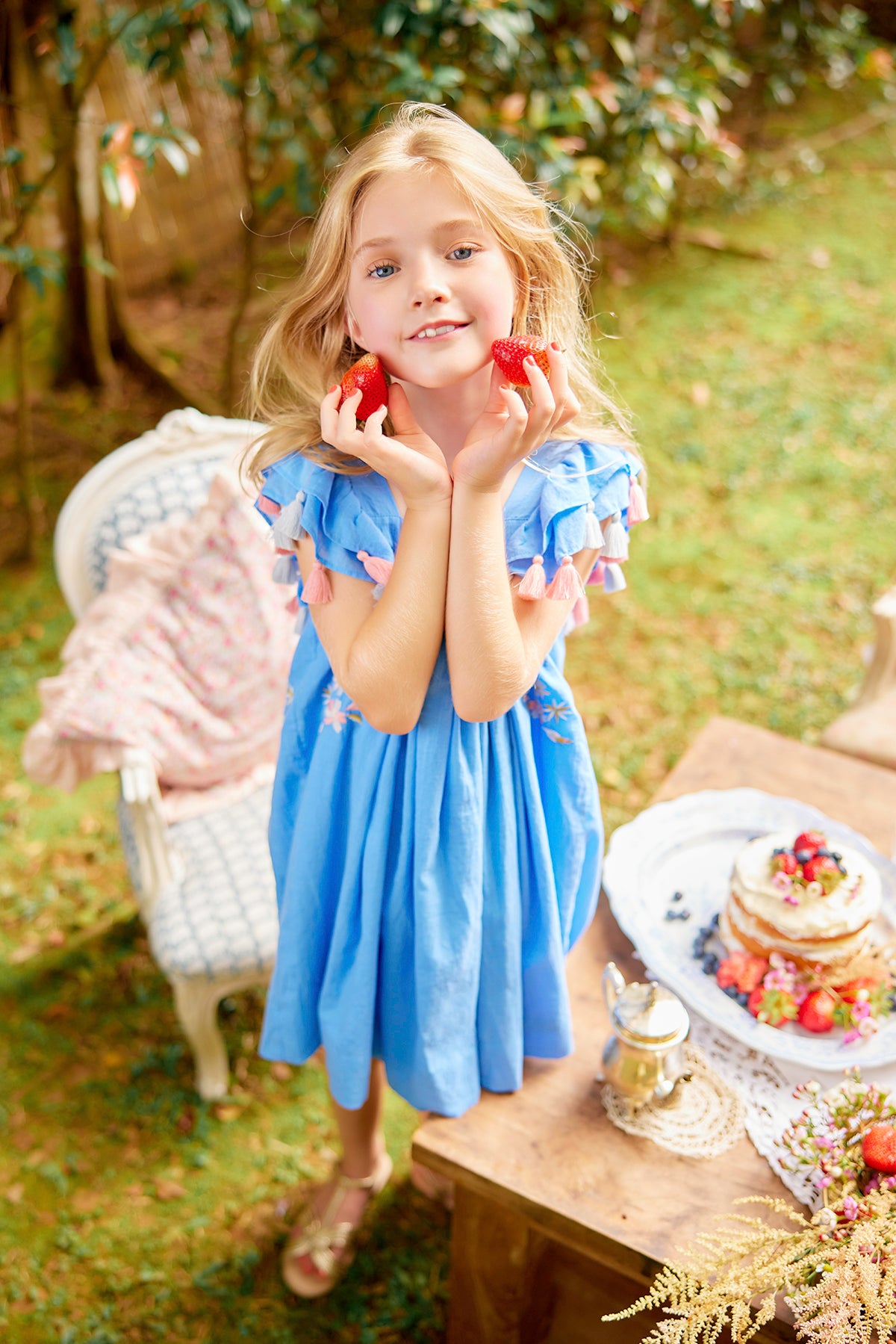 Chloe dress | Embroidered blue cotton summer dress with pompoms 2 Chloe dress | Embroidered blue cotton summer dress with pompoms 2