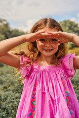 Above knee pink cotton birthday dress with embroidery and ruffle sleeves
