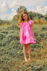 Above knee pink cotton birthday dress with embroidery and ruffle sleeves