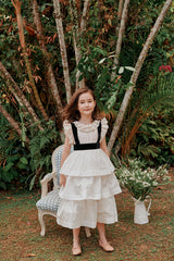 Tiered white cotton Christmas dress with velvet ribbon