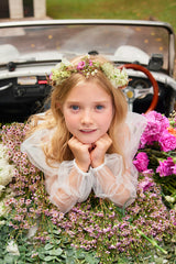 Maxi white tulle flower girl dress with puff sleeves