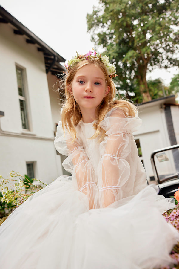 Maxi white tulle flower girl dress with puff sleeves