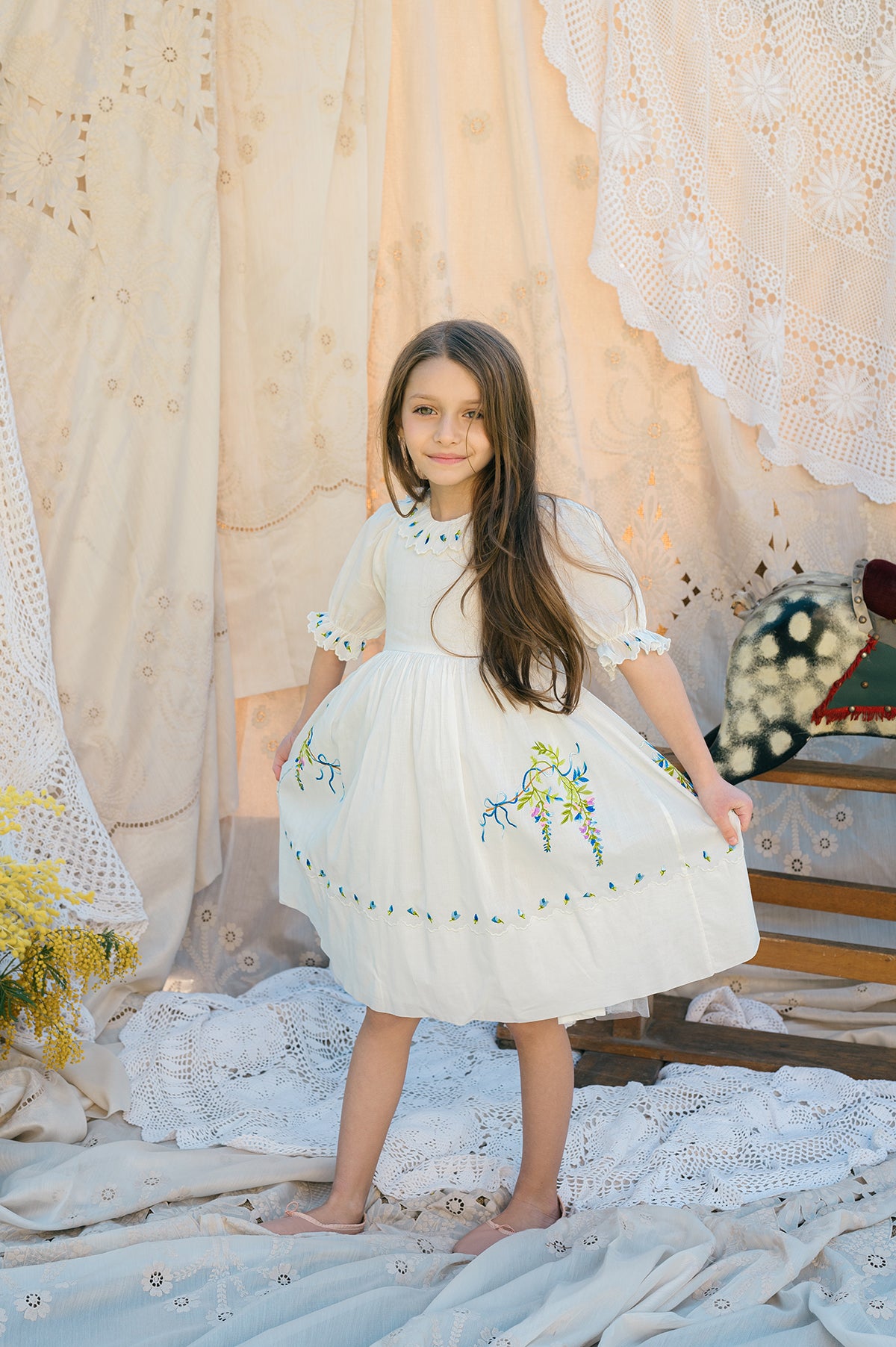 Violet Dress | White cotton flower girl dress with ribbon