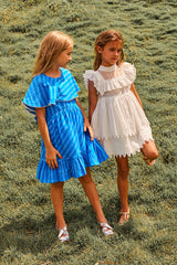 Above knee white Victorian cotton birthday dress with ruffles