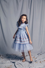 Blue Victorian tulle birthday dress with embroidery