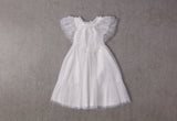 White tulle flower girl dress with a ruffle collar