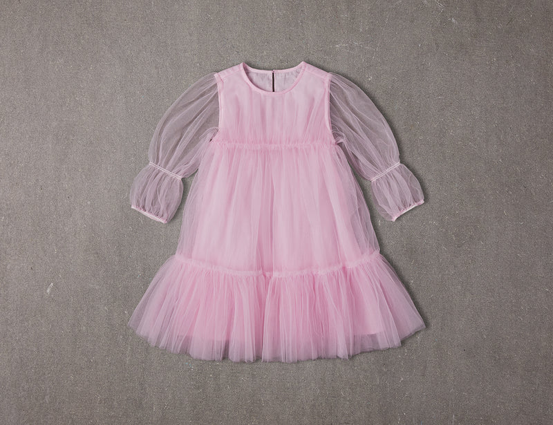Pink tulle birthday dress with mesh puffed sleeves and ruffles