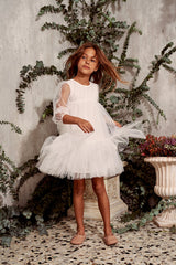 White tulle flower girl dress with ruffles