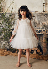 White tulle flower girl dress with ruffles