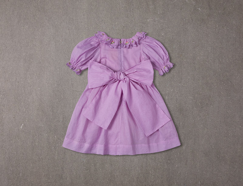 Embroidered purple cotton birthday dress with smocking