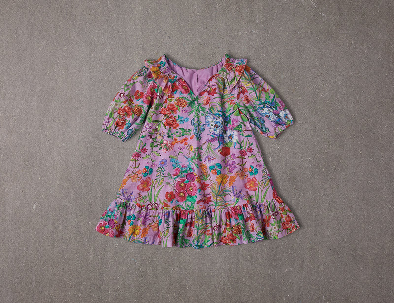 Purple floral cotton birthday dress with smocked collar