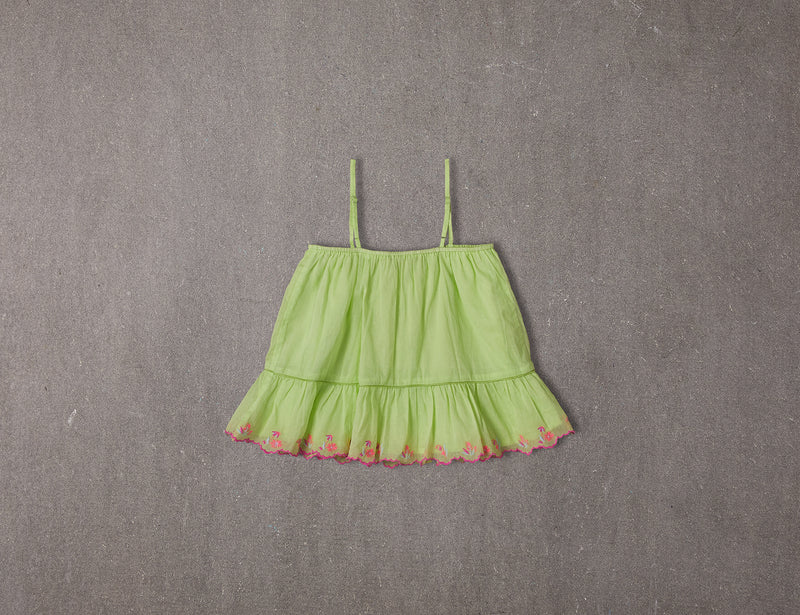 Green cotton summer top with straps and flower embroidery