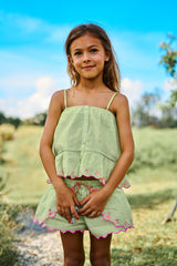 Green cotton summer top with straps and flower embroidery