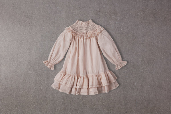 Pink cotton birthday dress with lace accents