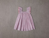 Above knee pink cotton birthday dress with ruffle sleeves and metallic stripes
