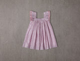 Above knee pink cotton birthday dress with ruffle sleeves and metallic stripes