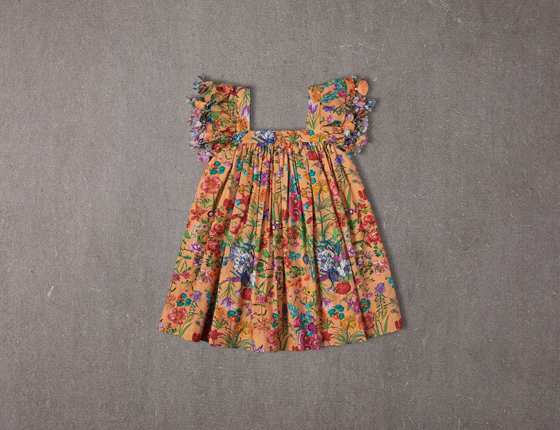 Peach floral cotton birthday dress with tassels