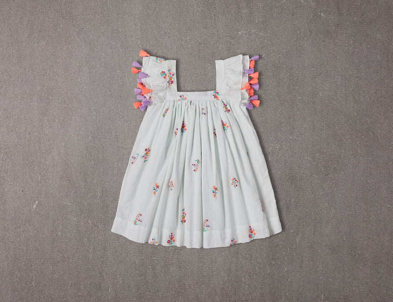 Embroidered mint cotton summer dress with pompoms