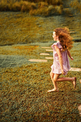 Above knee pink cotton birthday dress with ruffle sleeves and metallic stripes