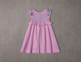 Above knee purple cotton birthday dress with floral embroidery and smocking