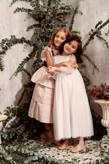 Maxi white tulle flower girl dress with smocking