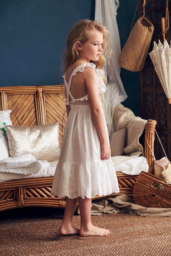 White cotton midi birthday dress with lace accents