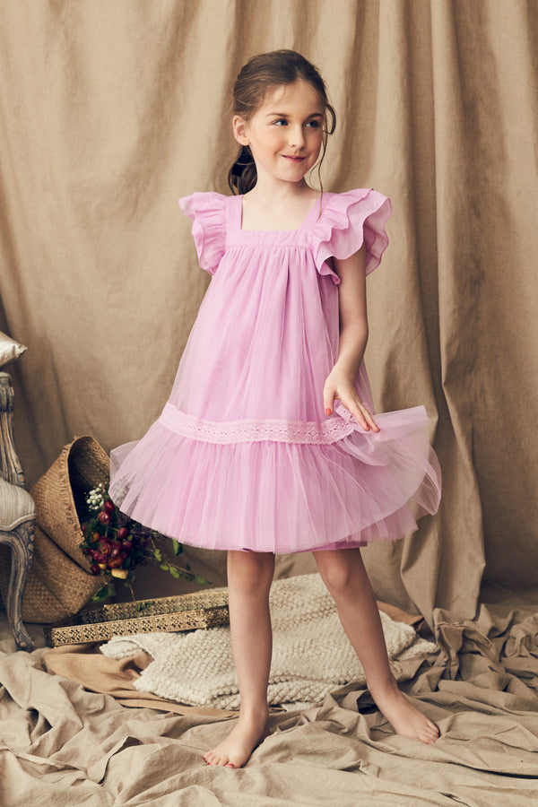 Purple tulle birthday dress with ruffle sleeves