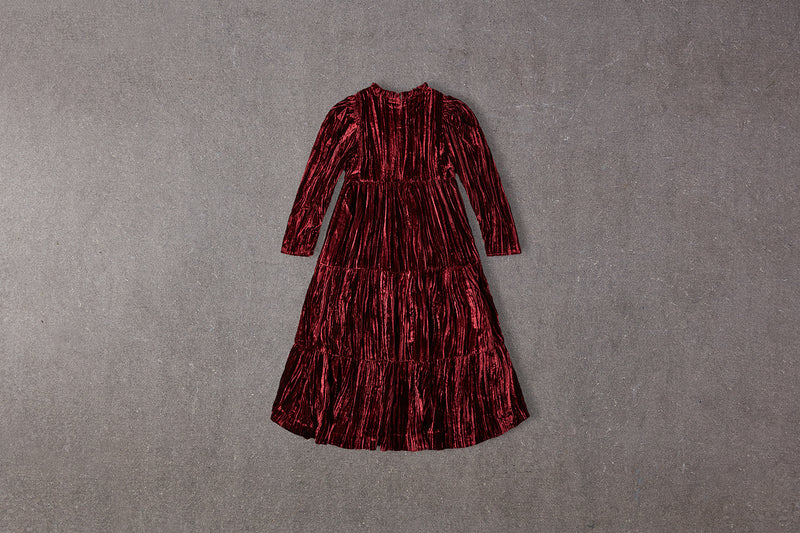 Tiered red velvet Christmas dress with gathered sleeves