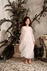 Maxi white tulle flower girl dress with smocking