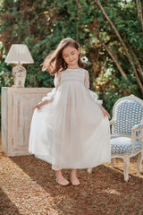 Maxi white tulle birthday dress with smocking