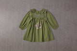 Green embroidered birthday dress with puff sleeves