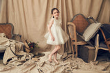 White silk organza flower girl dress with pleats