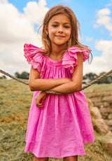 Above knee pink cotton birthday dress with smocking