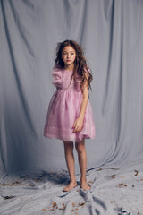 Pink silk organza birthday dress with pleats