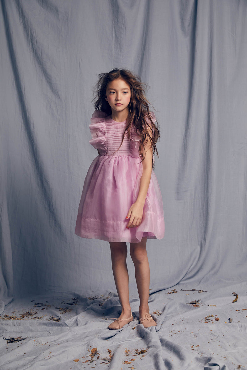 Pink silk organza birthday dress with pleats