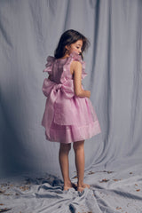 Pink silk organza birthday dress with pleats