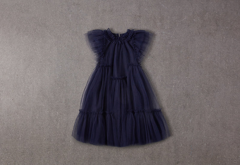 Navy tulle birthday dress with a ruffle collar