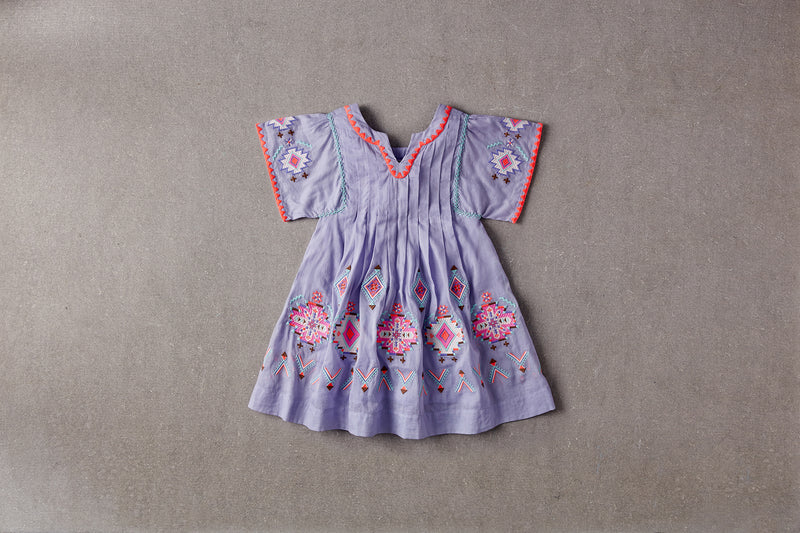 Knee-length purple cotton birthday dress with embroidery