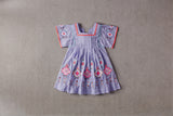 Knee-length purple cotton birthday dress with embroidery