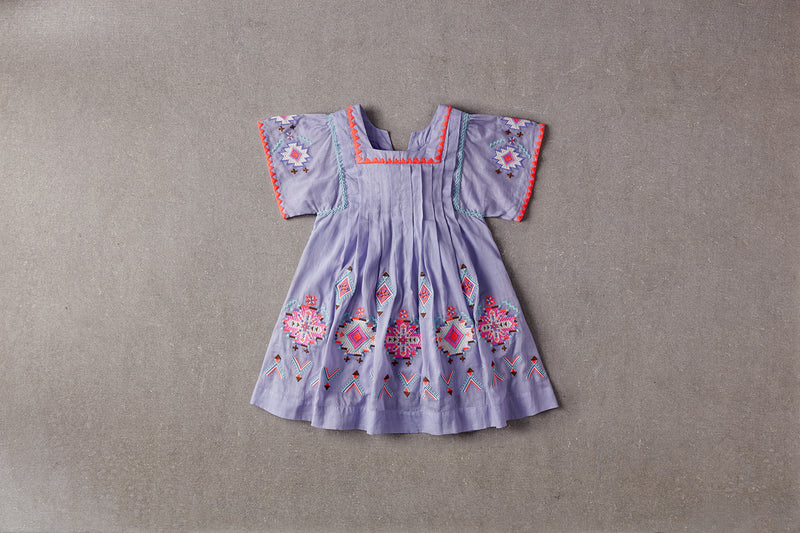 Knee-length purple cotton birthday dress with embroidery