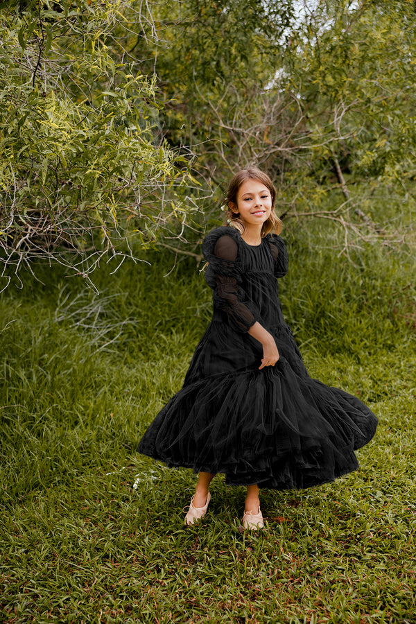 knee length dresses for ladies Long Sleeve Black Ball Gown Sweep Brush Train Wedding Party Flower Gir –  27dress main image 0