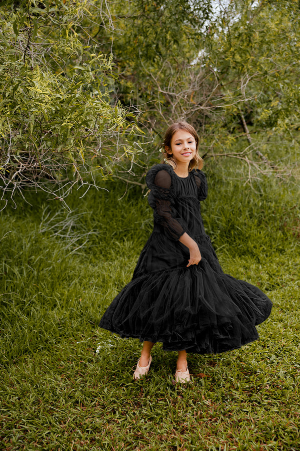 Maxi black tulle flower girl dress with puff sleeves