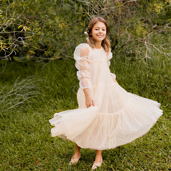 Allison Dress | Maxi pink tulle flower girl dress with puff