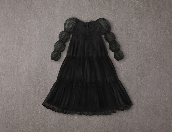Maxi black tulle flower girl dress with puff sleeves