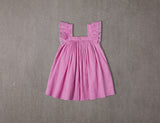Above knee pink cotton birthday dress with embroidery and ruffle sleeves 