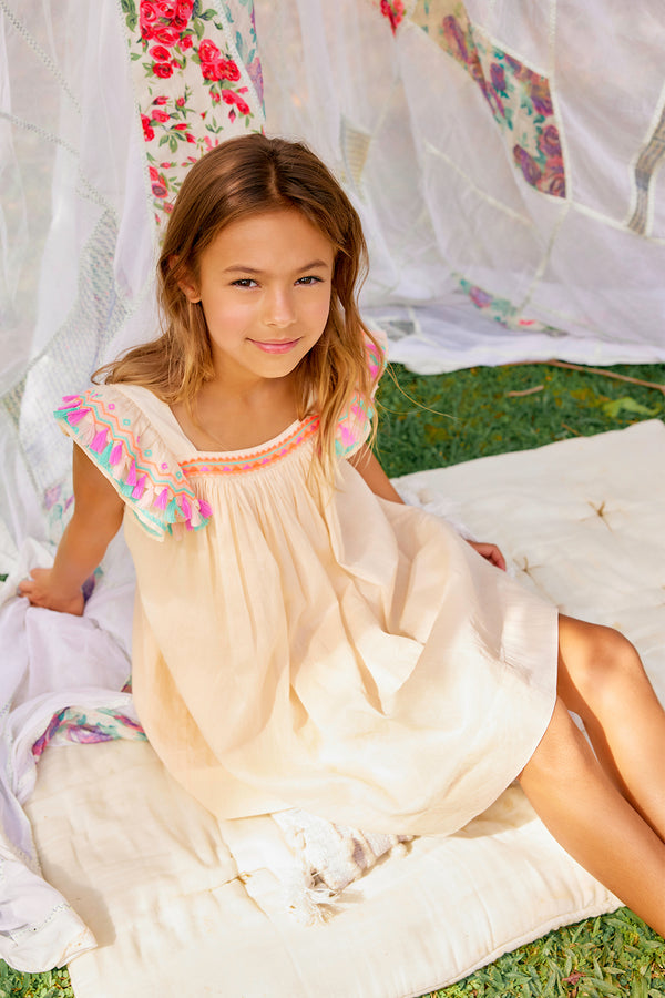 Chloe Dress | Above Knee Cream Cotton Birthday Dress with Ruffle Sleeves 10