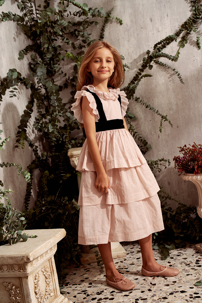 Tiered pink cotton Christmas dress with velvet ribbon