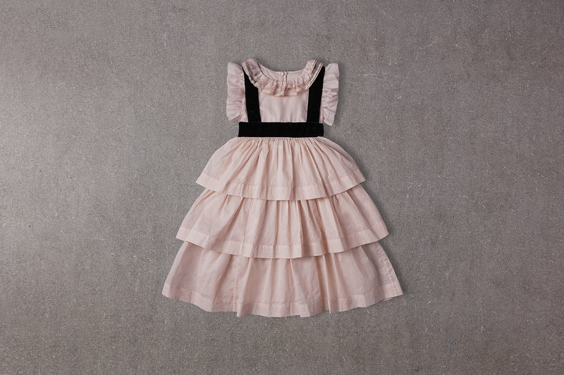 Tiered pink cotton Christmas dress with velvet ribbon