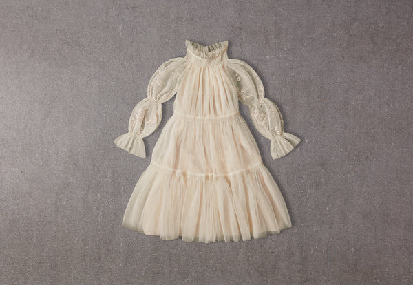 Flower girl dress with embroidered puffed sleeves in champagne tulle